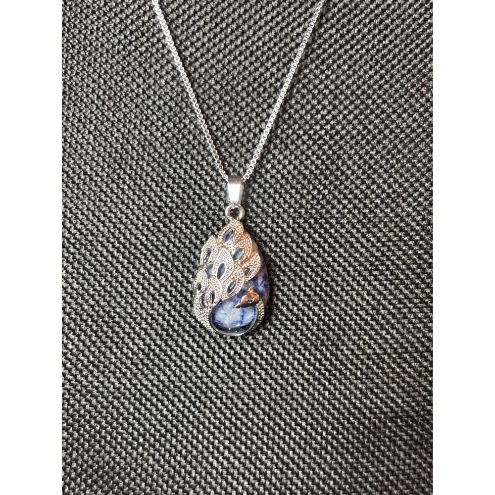 Silver Peacock Blue Sodalite Stone Pendant Necklace Stainless Steel Box Chain